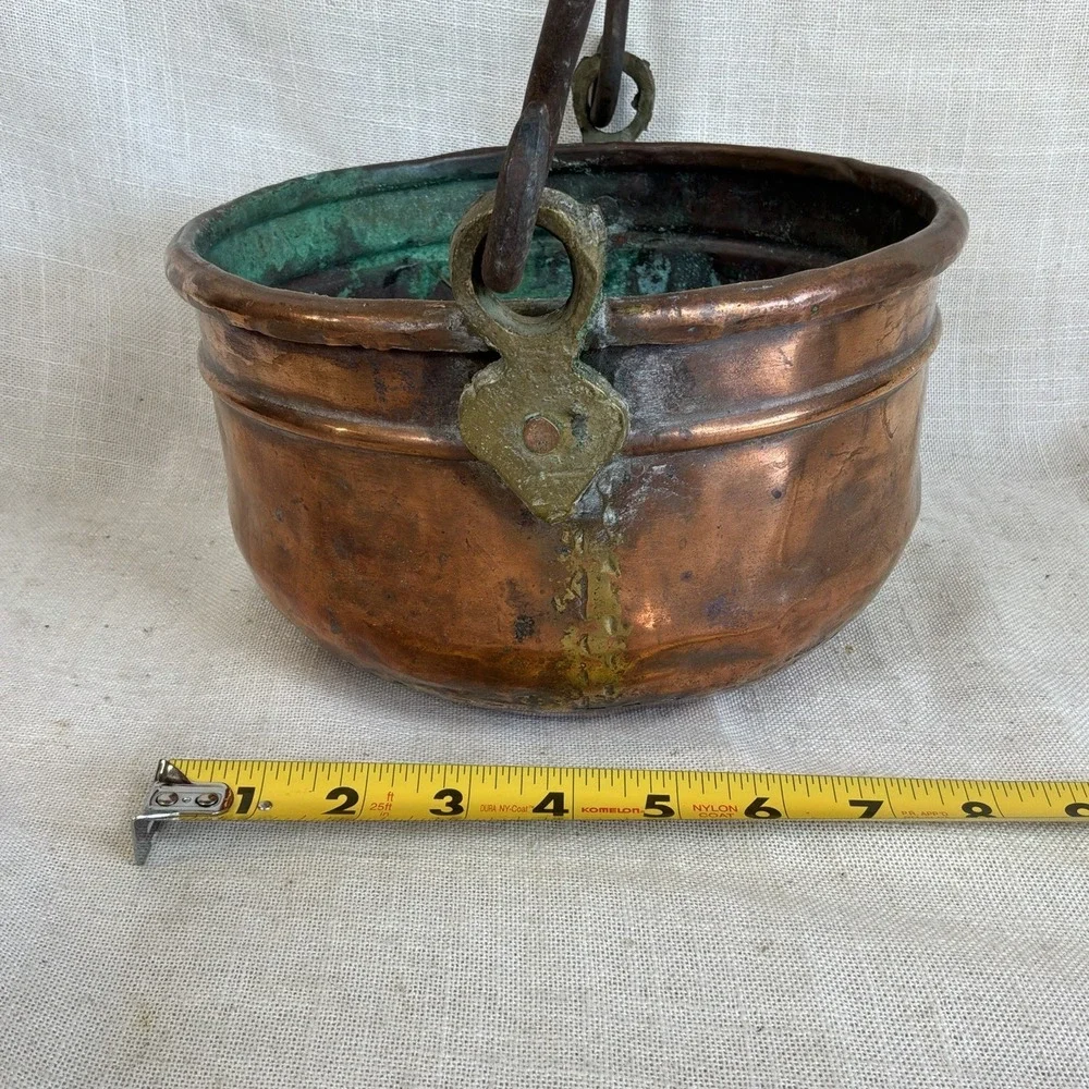 Antique Hand-Hammered Copper Cauldron w/ Wrought Iron Bail‎ Handle 8